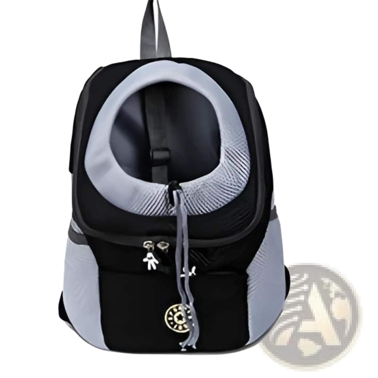 Breathable black and gray mesh pet carrier backpack with silver-toned hardware and front zipper pocket for travel