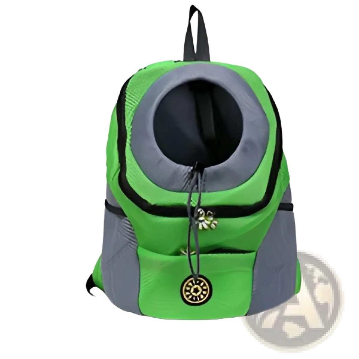 Breathable mesh pet carrier backpack in green and gray with circular opening black straps and brass-colored charm
