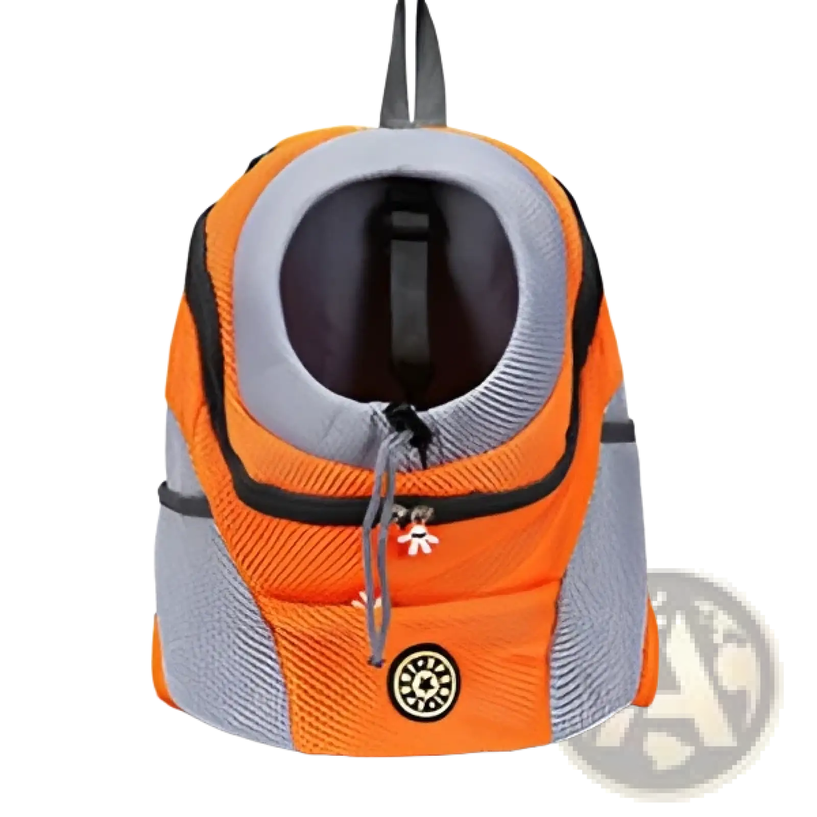 Breathable mesh pet carrier backpack in orange and gray with black trim and front circular logo for travel use