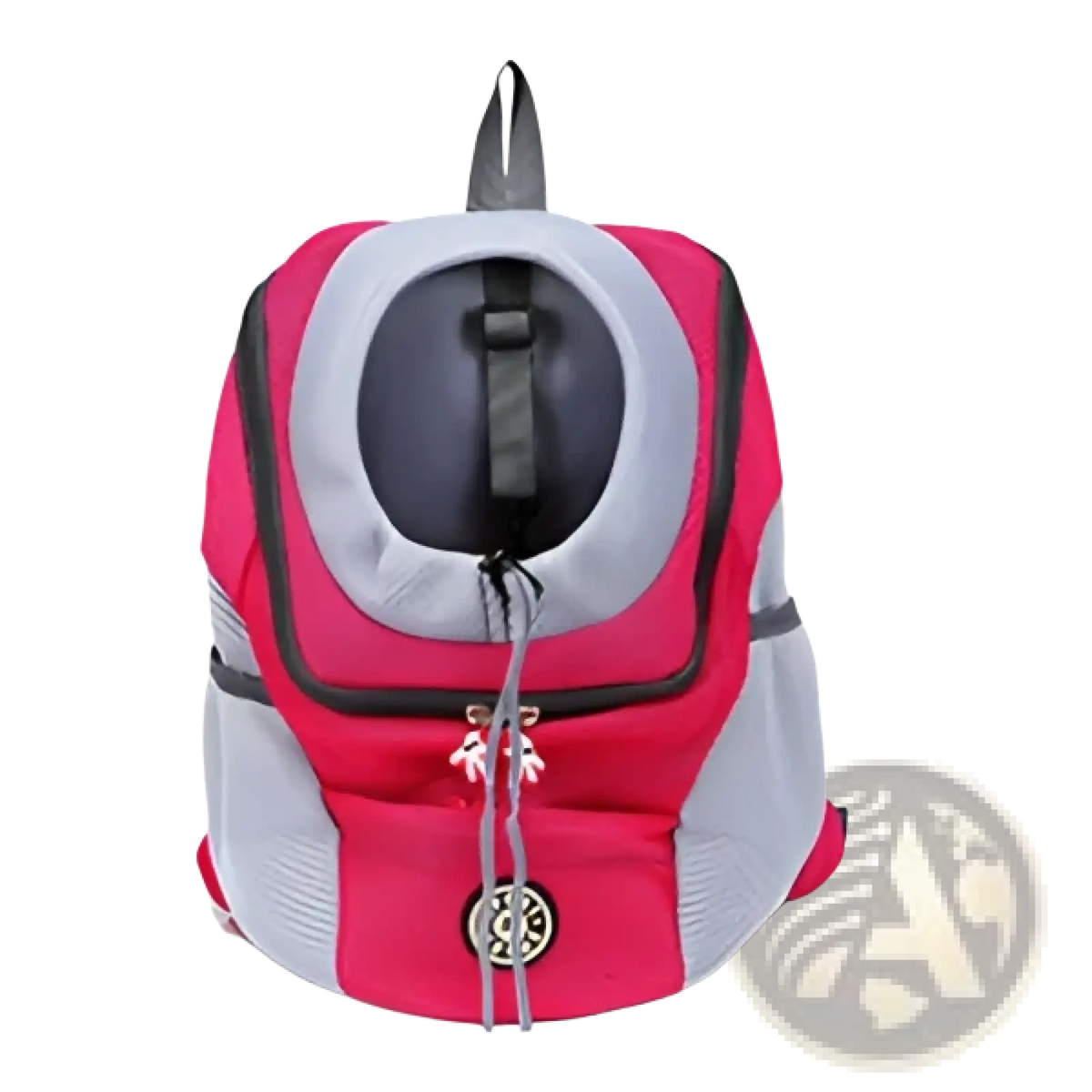 Breathable mesh pet carrier backpack in pink and gray with circular opening black interior lining and silver zipper pulls
