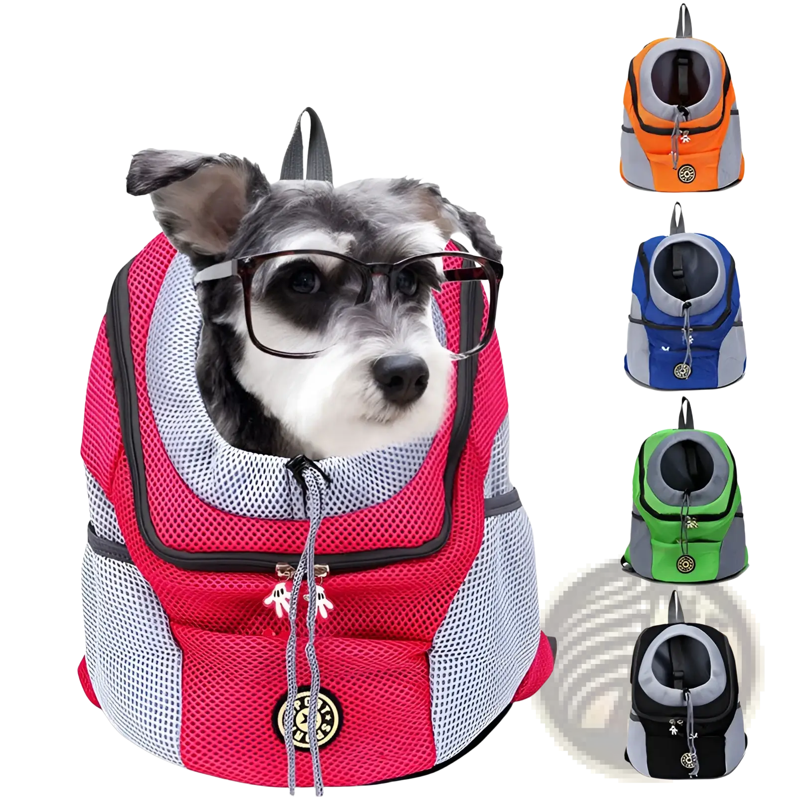 Breathable mesh pet carrier backpack in pink and gray with black trim featuring a circular logo on the front