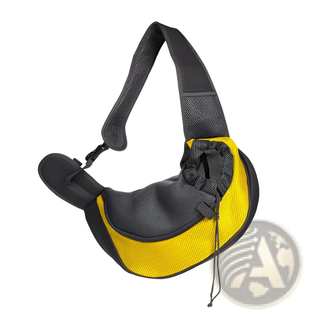 Yellow and black breathable mesh pet carrier backpack with adjustable shoulder strap shown from the back side