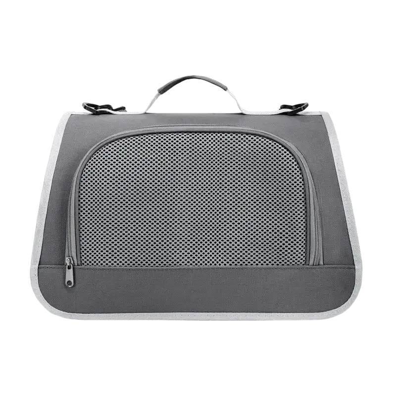 Gray breathable mesh pet carrier shoulder bag with mesh front panel and light gray trim for easy ventilation