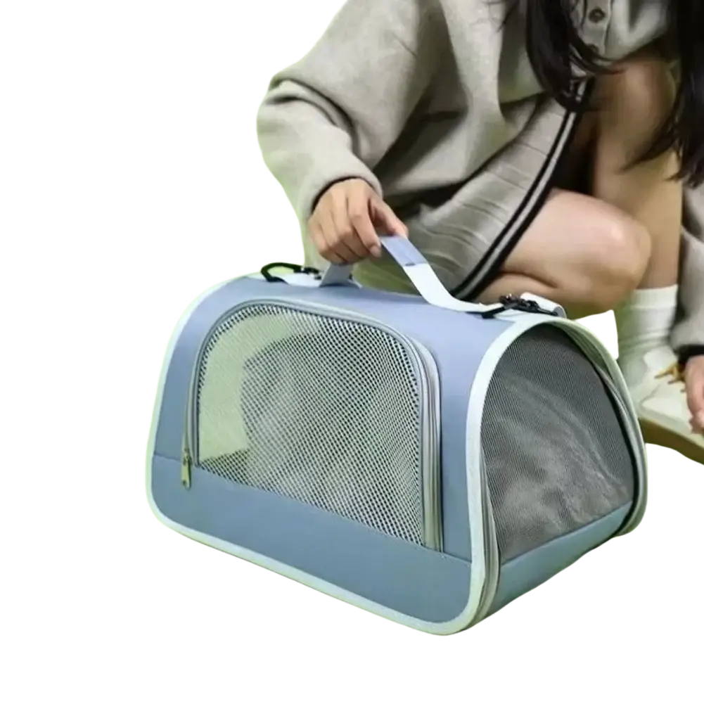 Light blue breathable mesh pet carrier shoulder bag with mesh sides and white handle for easy transport