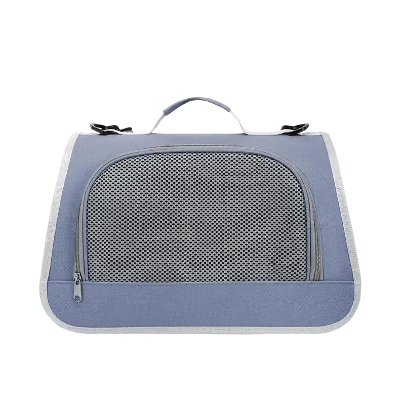 Light blue breathable mesh pet carrier shoulder bag with gray mesh front panel and white trim for easy ventilation