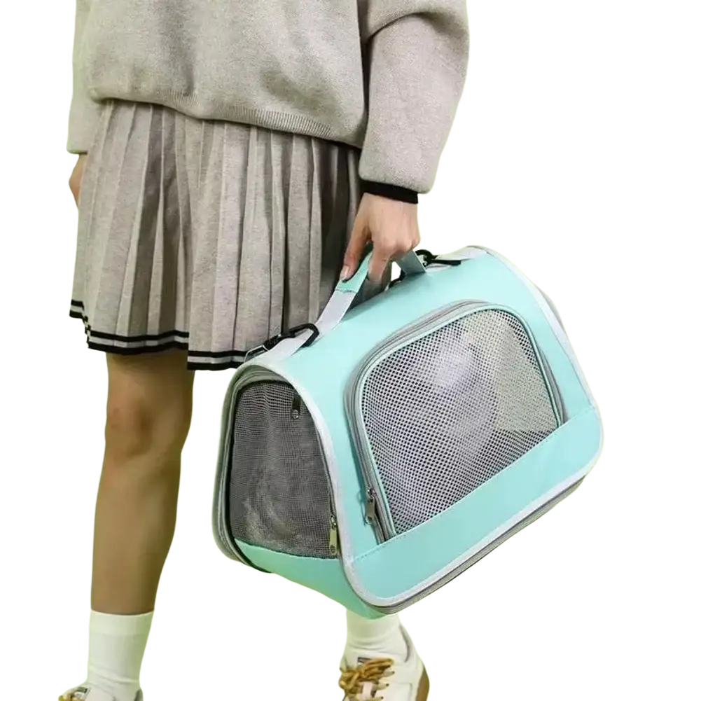 Light blue breathable mesh pet carrier shoulder bag with gray trim and mesh sides for ventilation and comfort