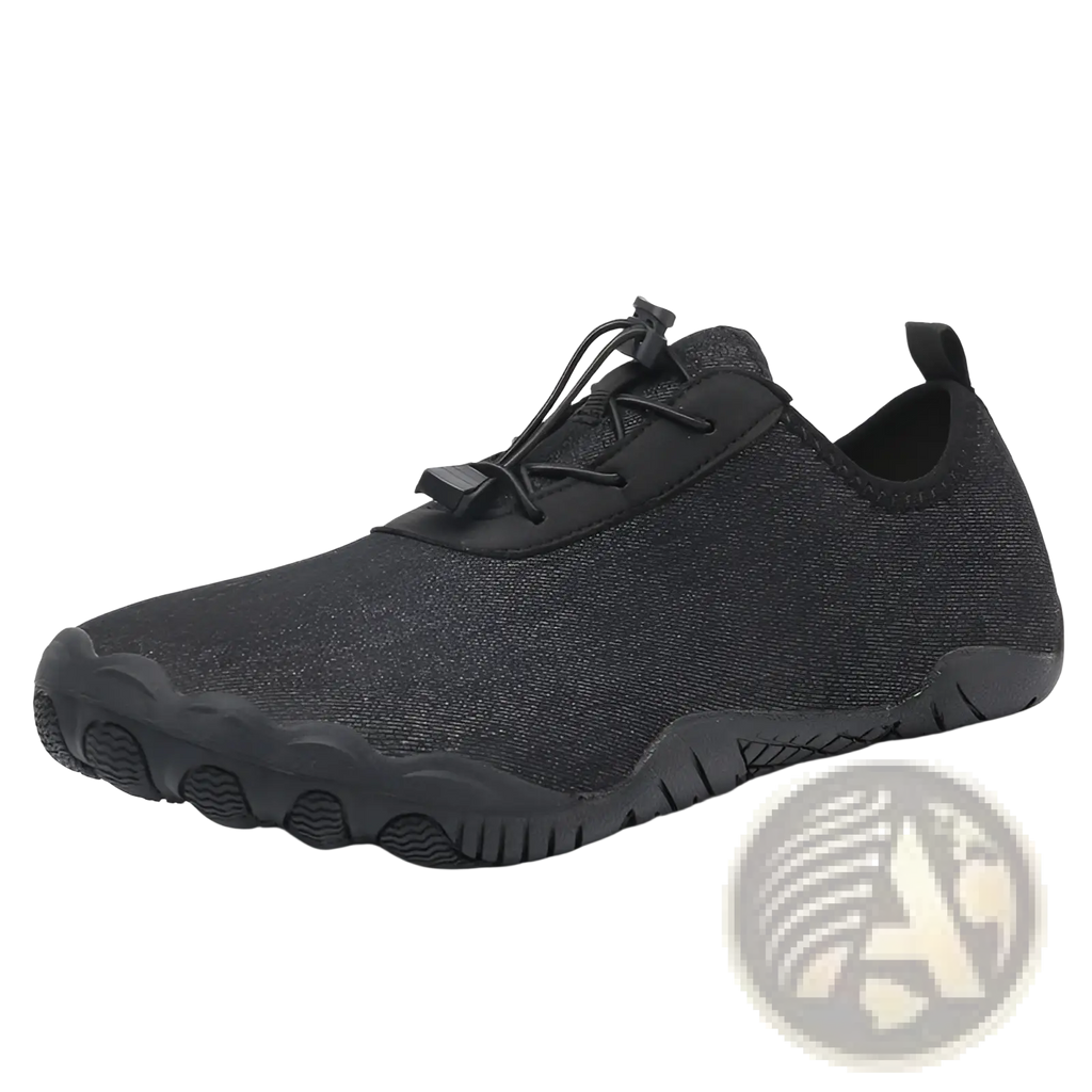 Black breathable non slip mesh water shoe with textured upper and rubber sole for beach and trekking use