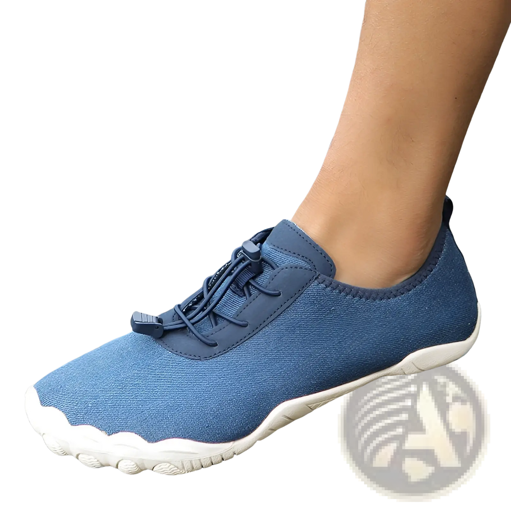 Blue breathable non slip mesh water shoe with white rubber sole and adjustable laces for beach and trekking use