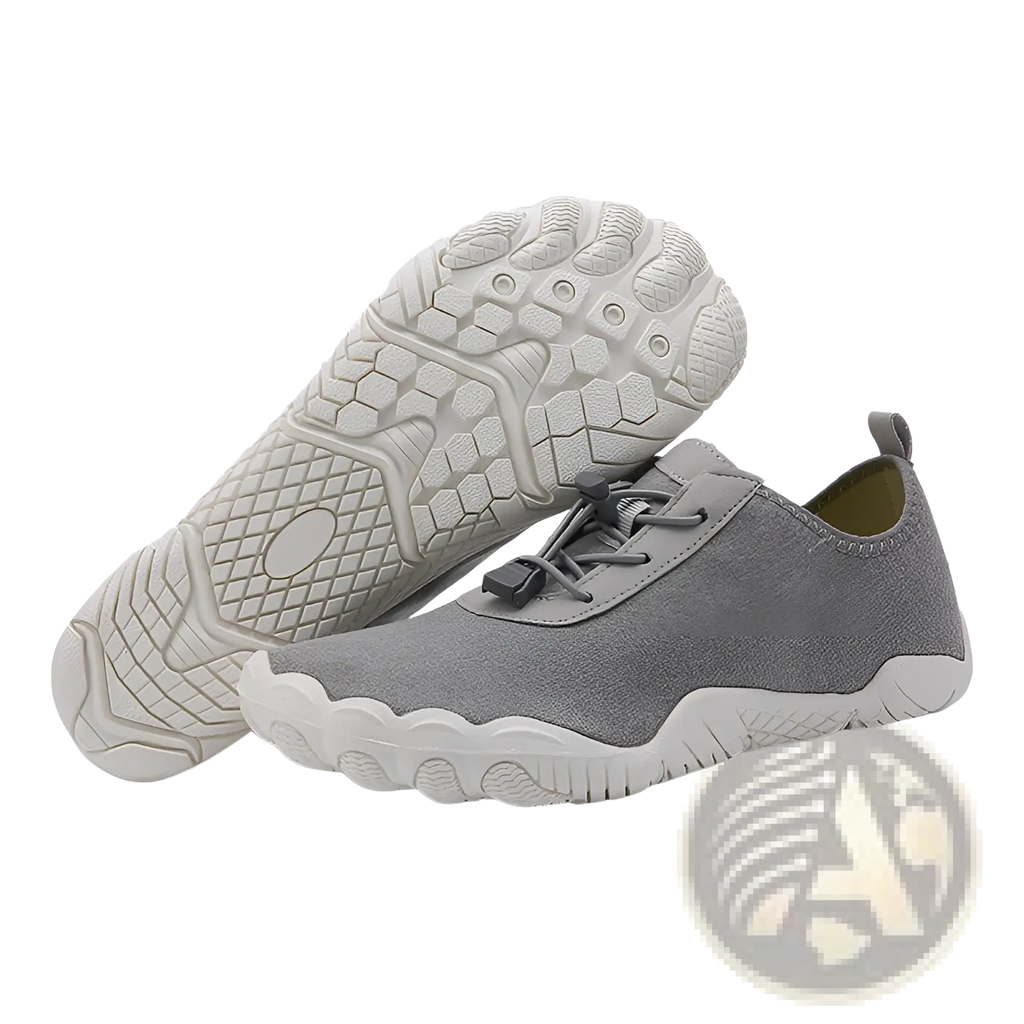 Gray breathable non slip mesh canvas toe-post shoes with white sole and black laces for beach and trekking