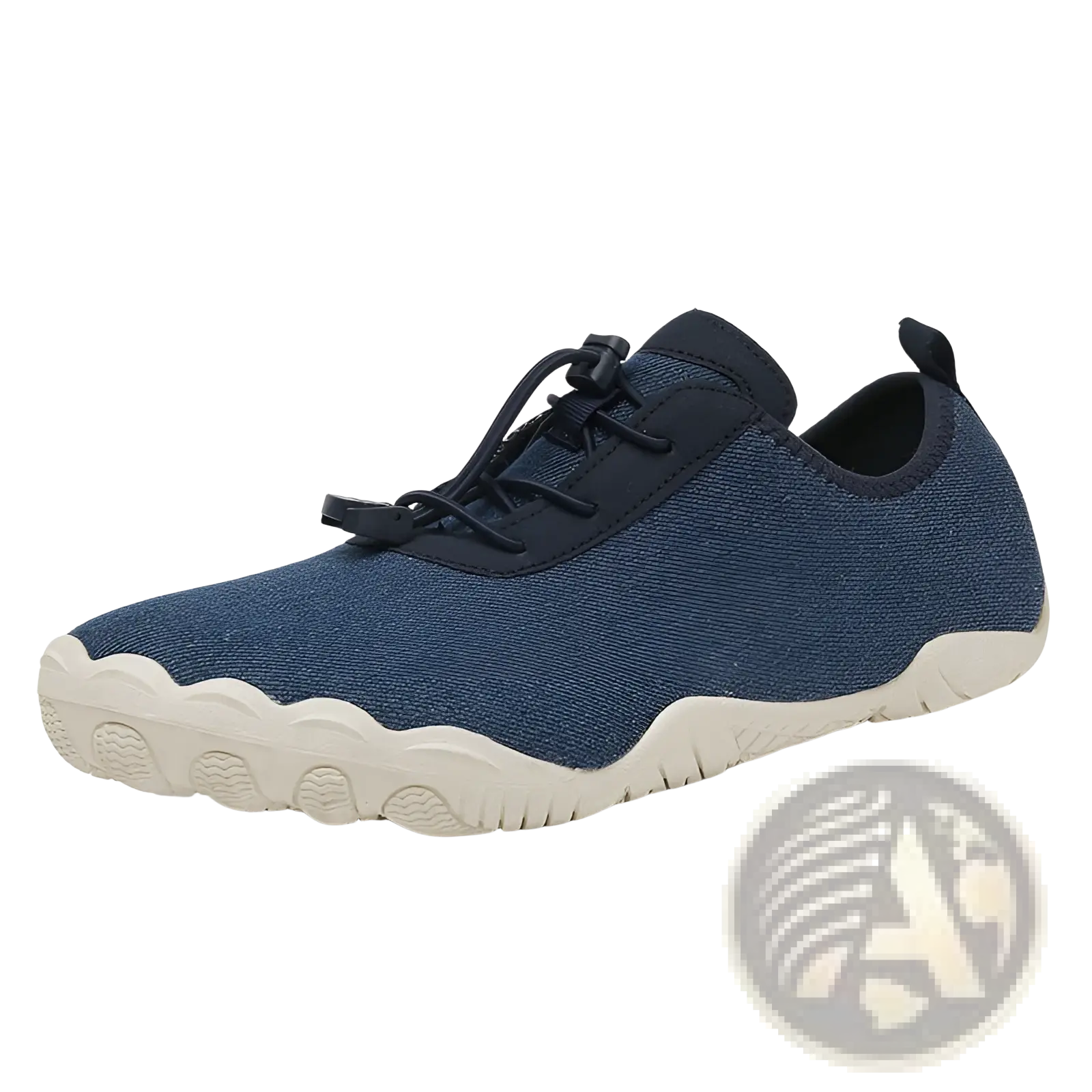 Navy blue woven fabric breathable non slip mesh water shoes with white textured sole and black laces for beach and trekking