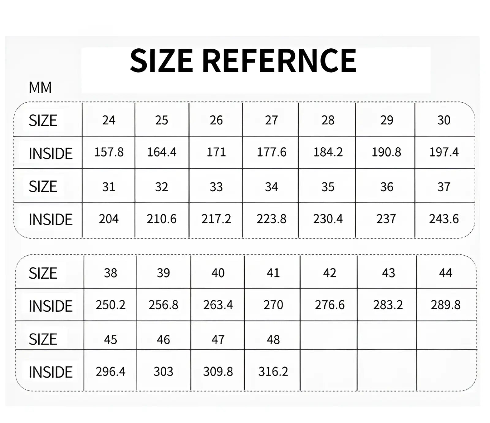 Size reference chart displaying millimeter measurements for breathable non slip mesh water shoes for beach and trekking