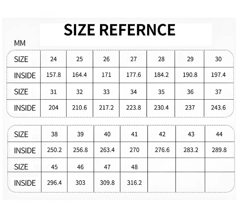 Size reference chart displaying millimeter measurements for breathable non slip mesh water shoes for beach and trekking