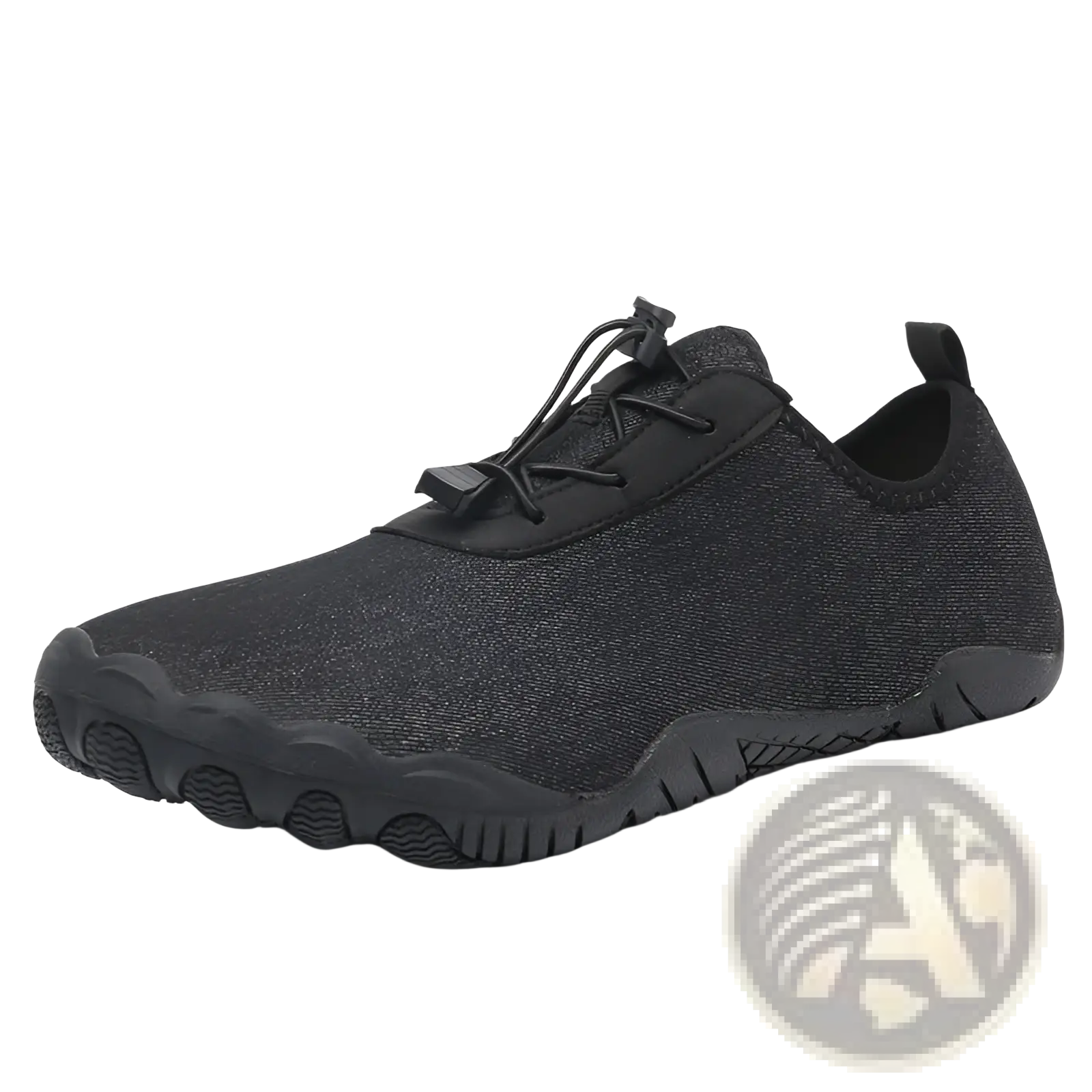 Black breathable non slip mesh water shoe with textured upper and rubber sole for beach and trekking use