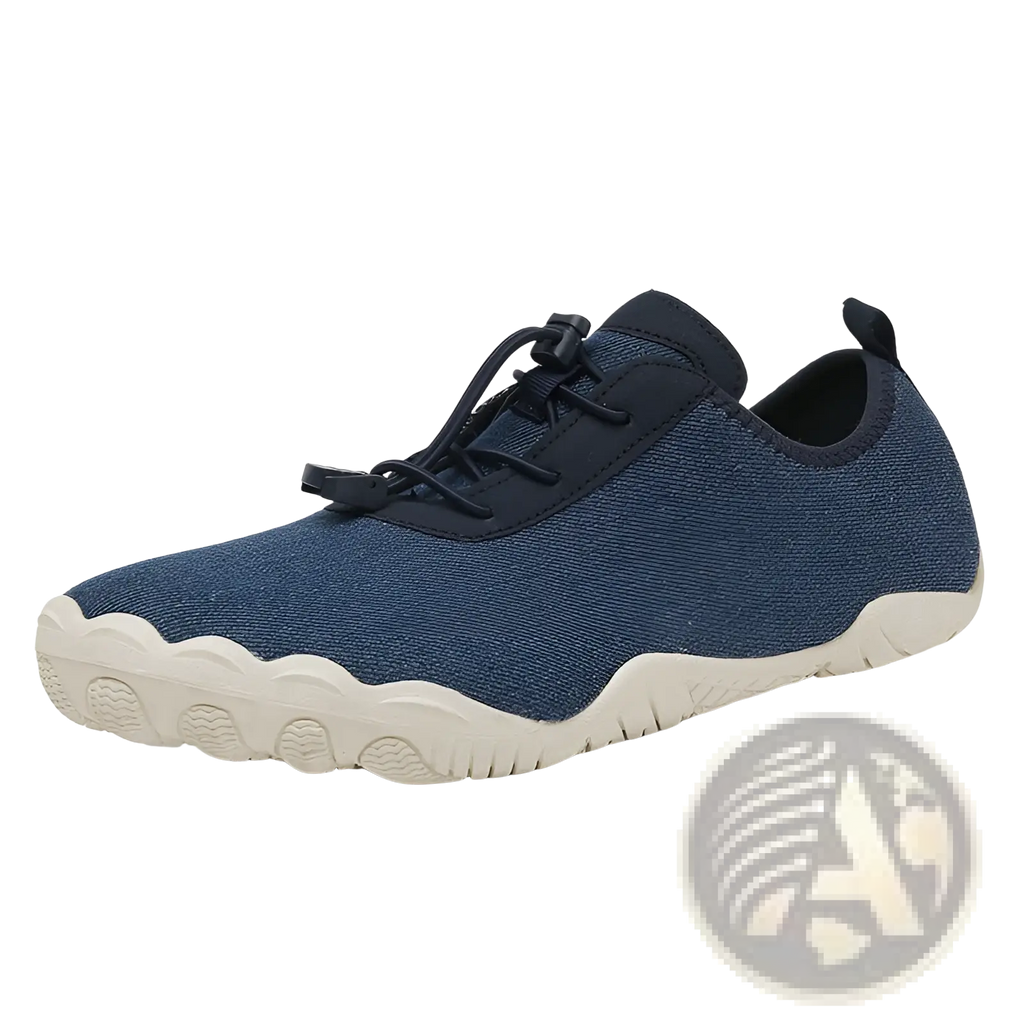 Navy blue woven fabric breathable non slip mesh water shoes with white sole and black laces for beach and trekking