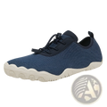 Navy blue woven fabric breathable non slip mesh water shoes with white sole and black laces for beach and trekking