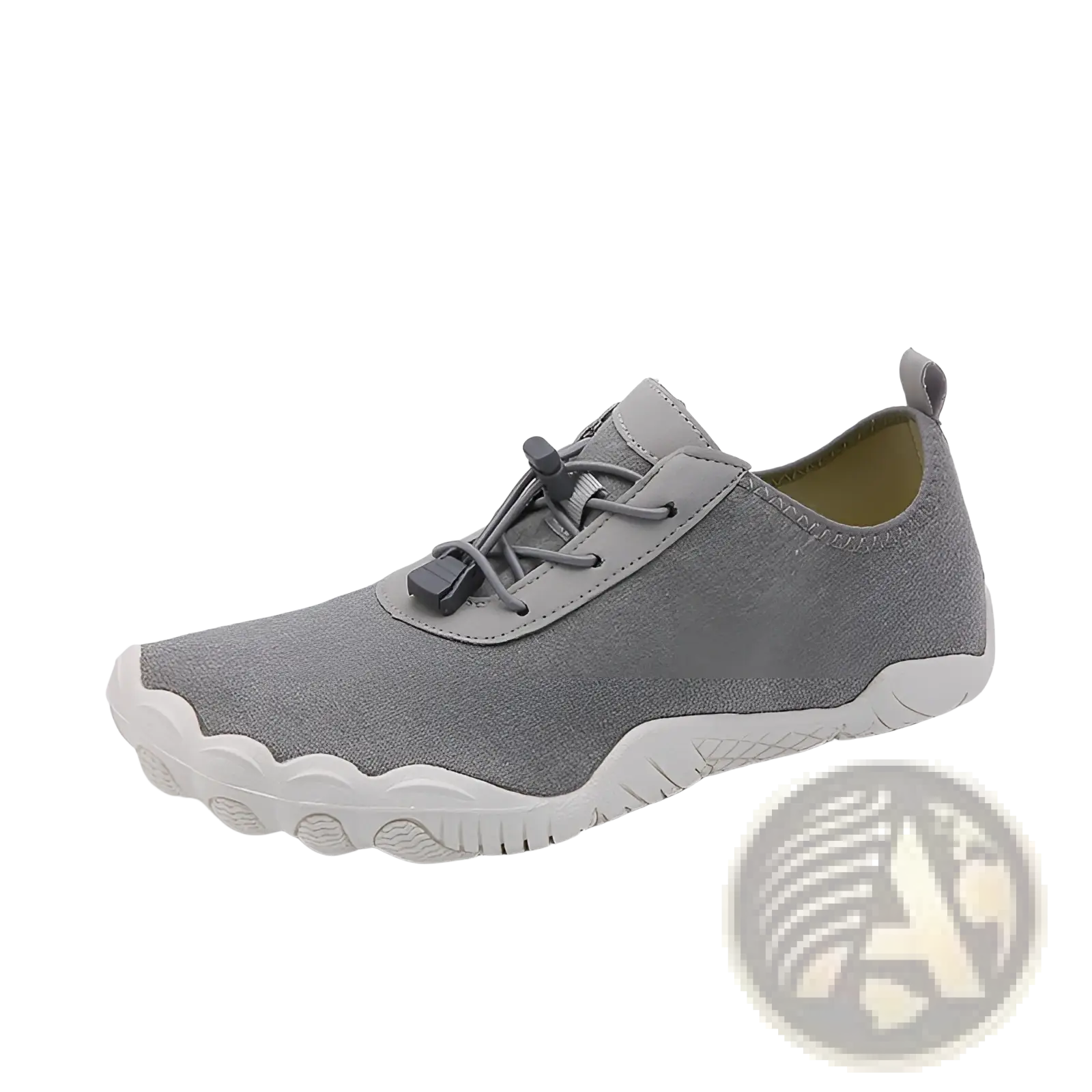 Gray breathable non slip mesh canvas slip-on water shoe with white textured rubber sole and gray laces for beach and trekking