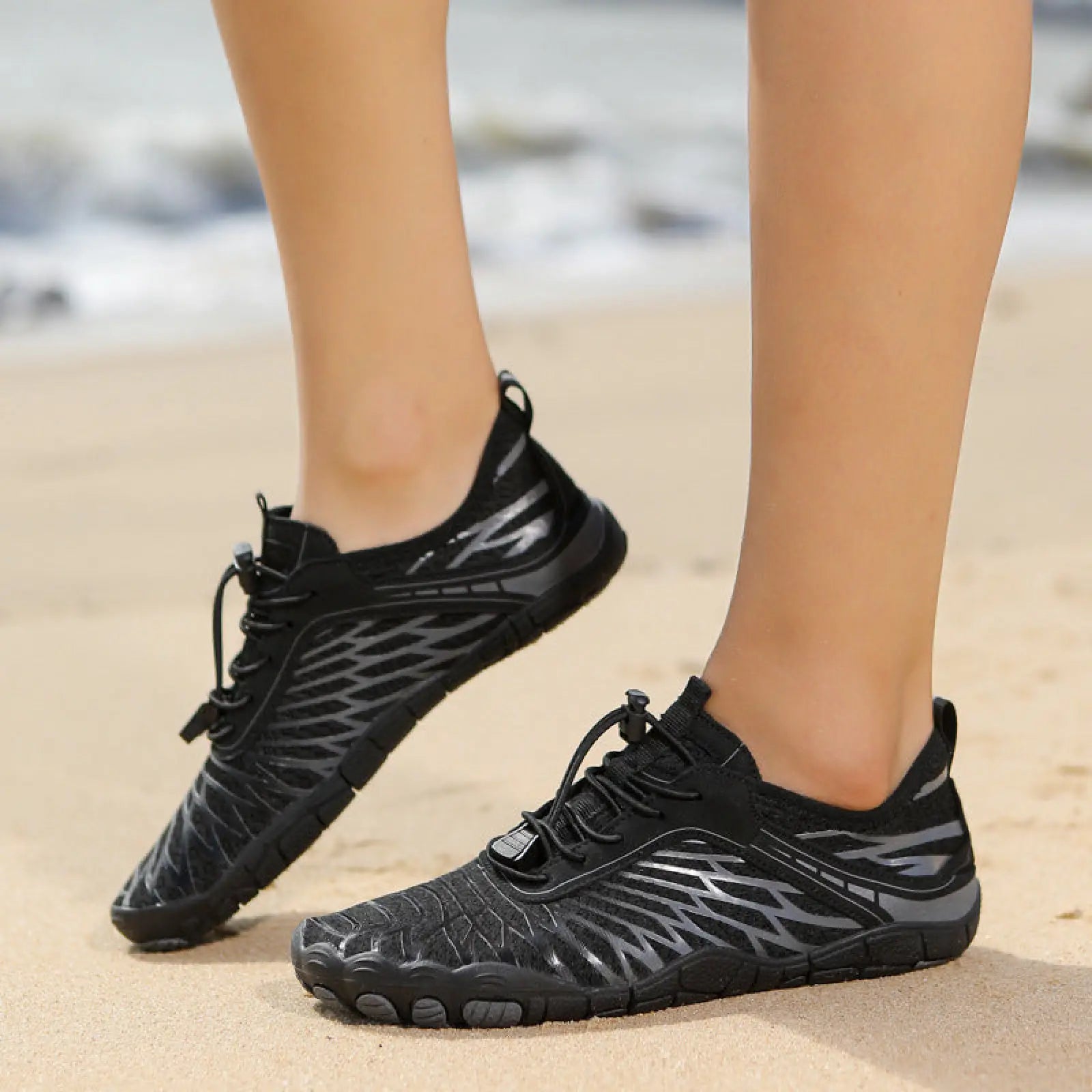 Black and gray five-finger breathable non slip quick dry water sports shoes with textured mesh upper