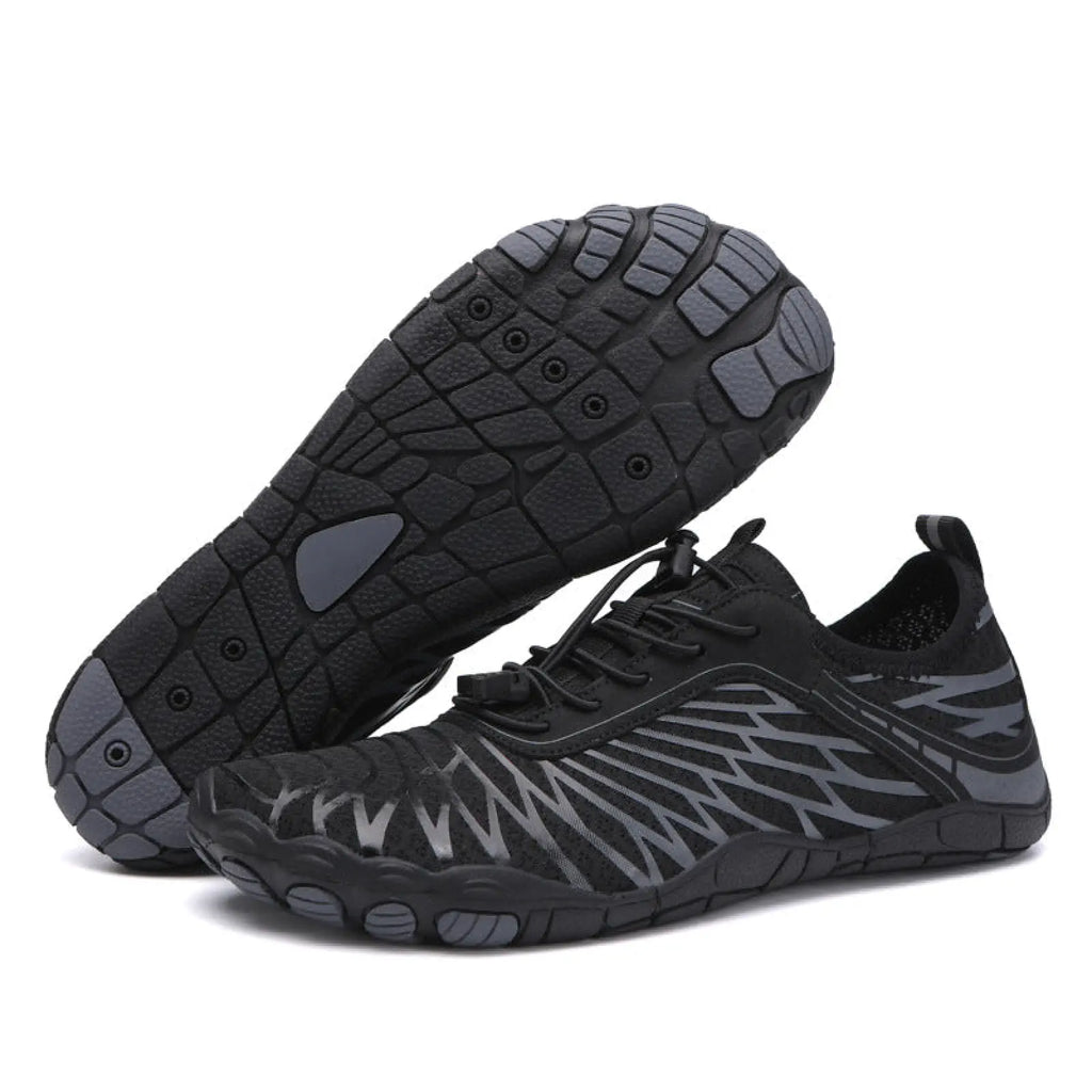 Black and gray toe-separated breathable non slip quick dry water sports shoes with textured patterned upper and rubber sole