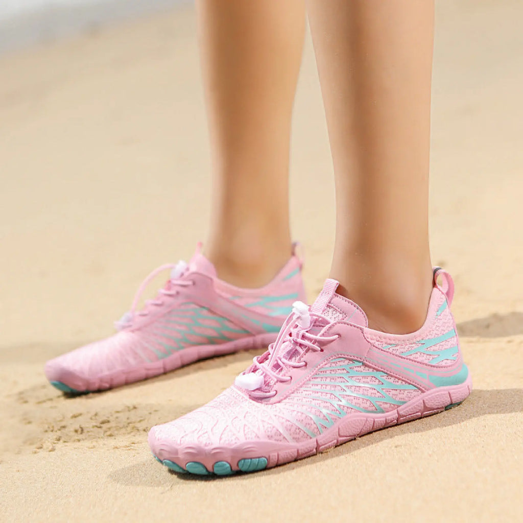 Breathable non slip quick dry mesh water shoes in pink and light blue with flexible toe separated design