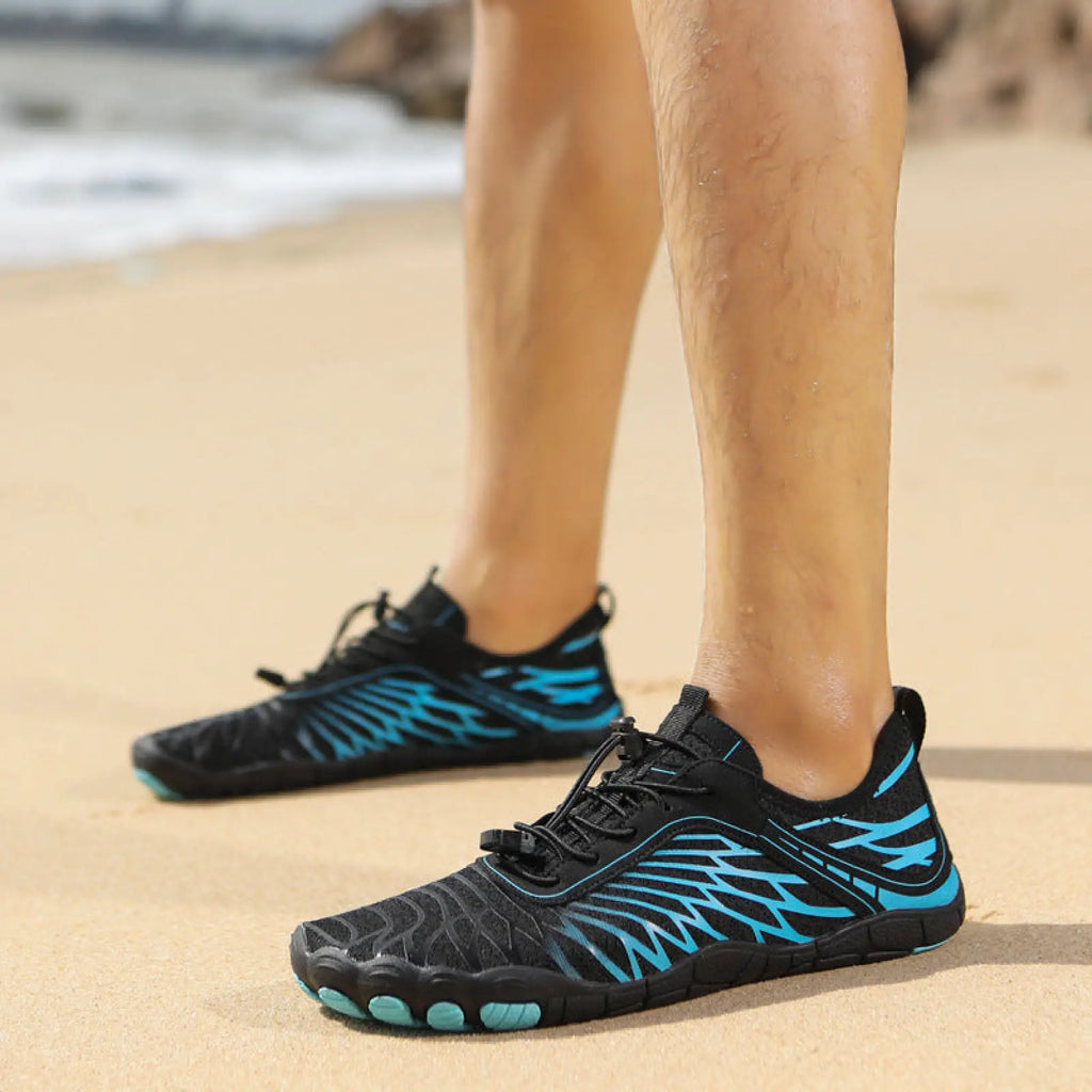 Breathable non slip quick dry black and teal five-finger swim shoes with textured upper and rubberized toe caps