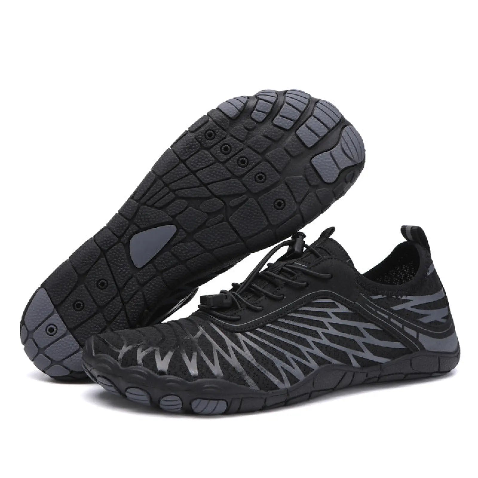 Black and gray breathable non slip quick dry water sports shoes with toe-separated design and textured rubber sole