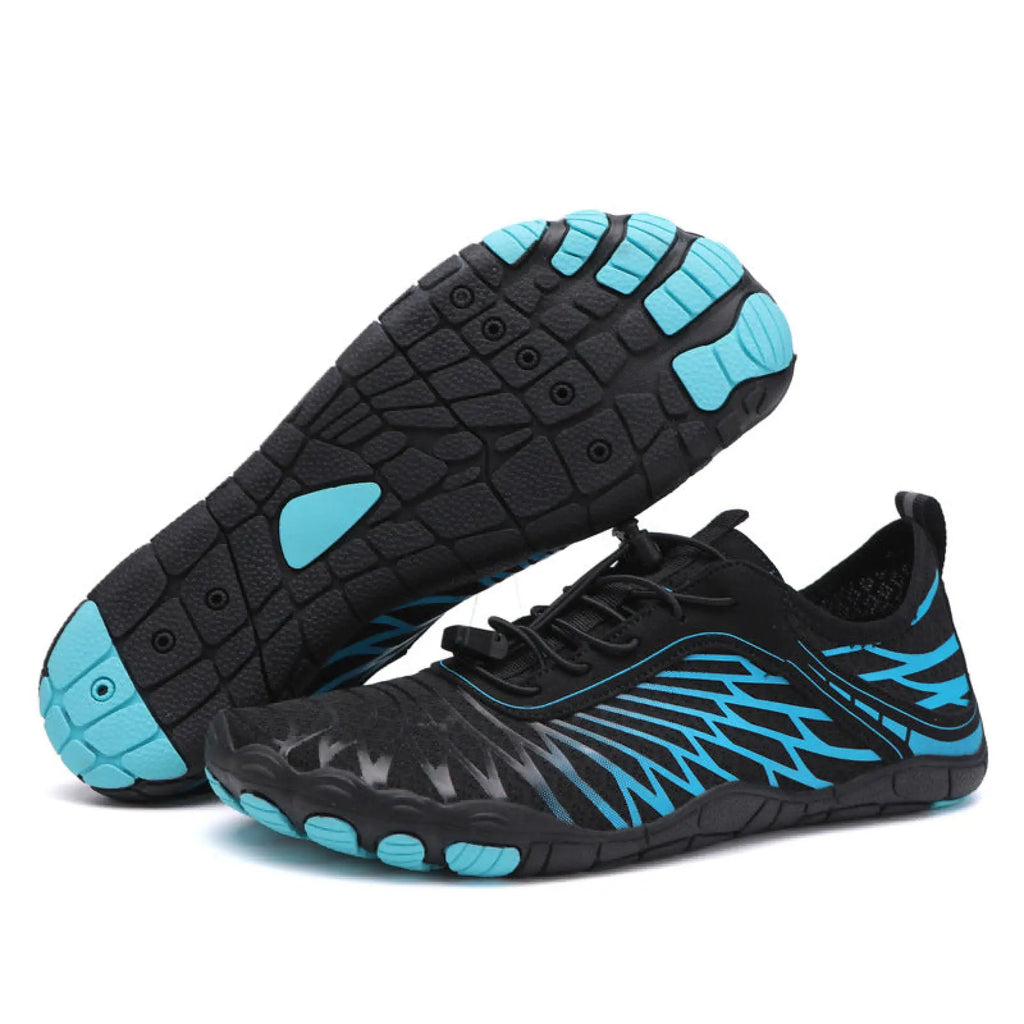 Breathable non slip quick dry water sports shoes in black and teal with toe-separated design and textured rubber sole