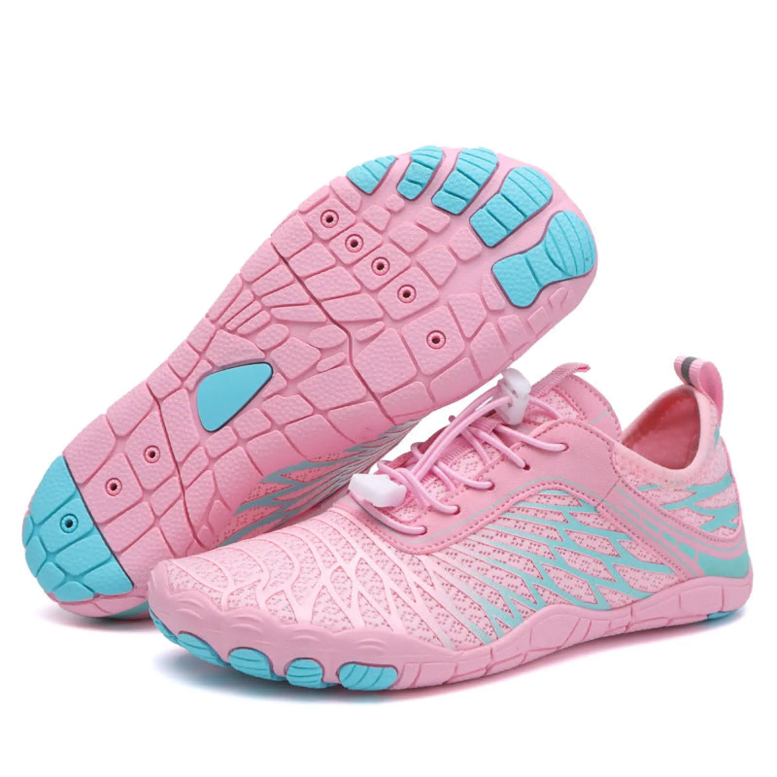 Breathable non slip quick dry water sports shoes in pink and teal with mesh upper and rubberized toe and heel sections
