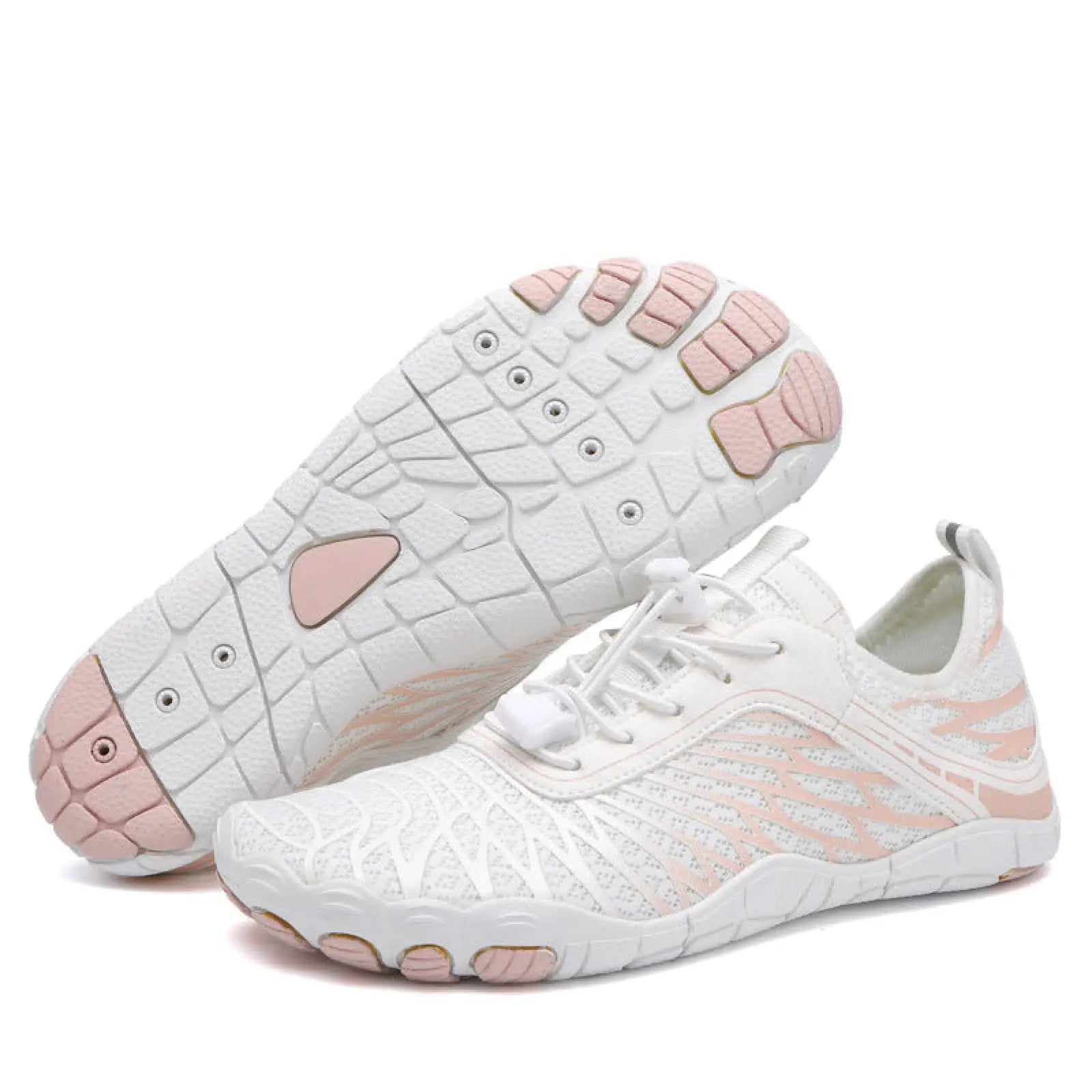 Breathable non slip quick dry water sports shoes in white and blush pink with a mesh upper and segmented rubber sole