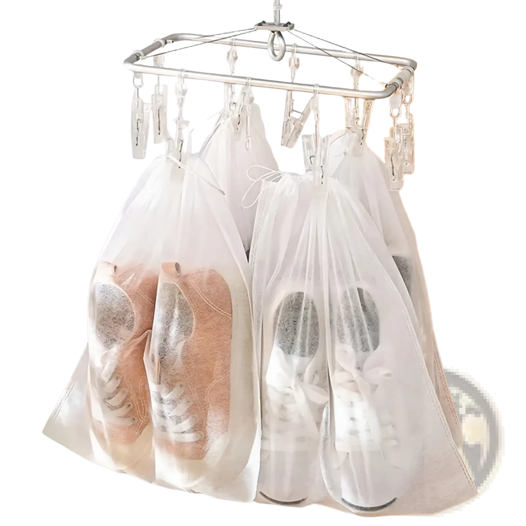 Clear sheer mesh breathable non-woven shoe storage bags with drawstring tops hanging on metal hanger 10 pack