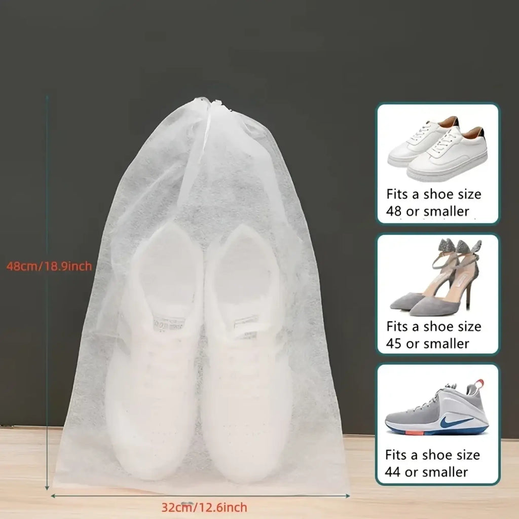 A translucent white breathable non-woven mesh shoe storage bag with drawstring closure for various shoe sizes