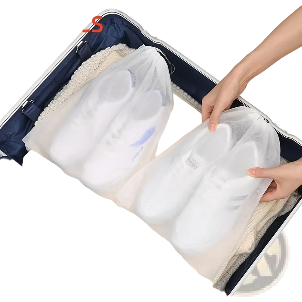 Transparent plastic breathable non-woven shoe storage bags with drawstring closure for suitcase organization and protection