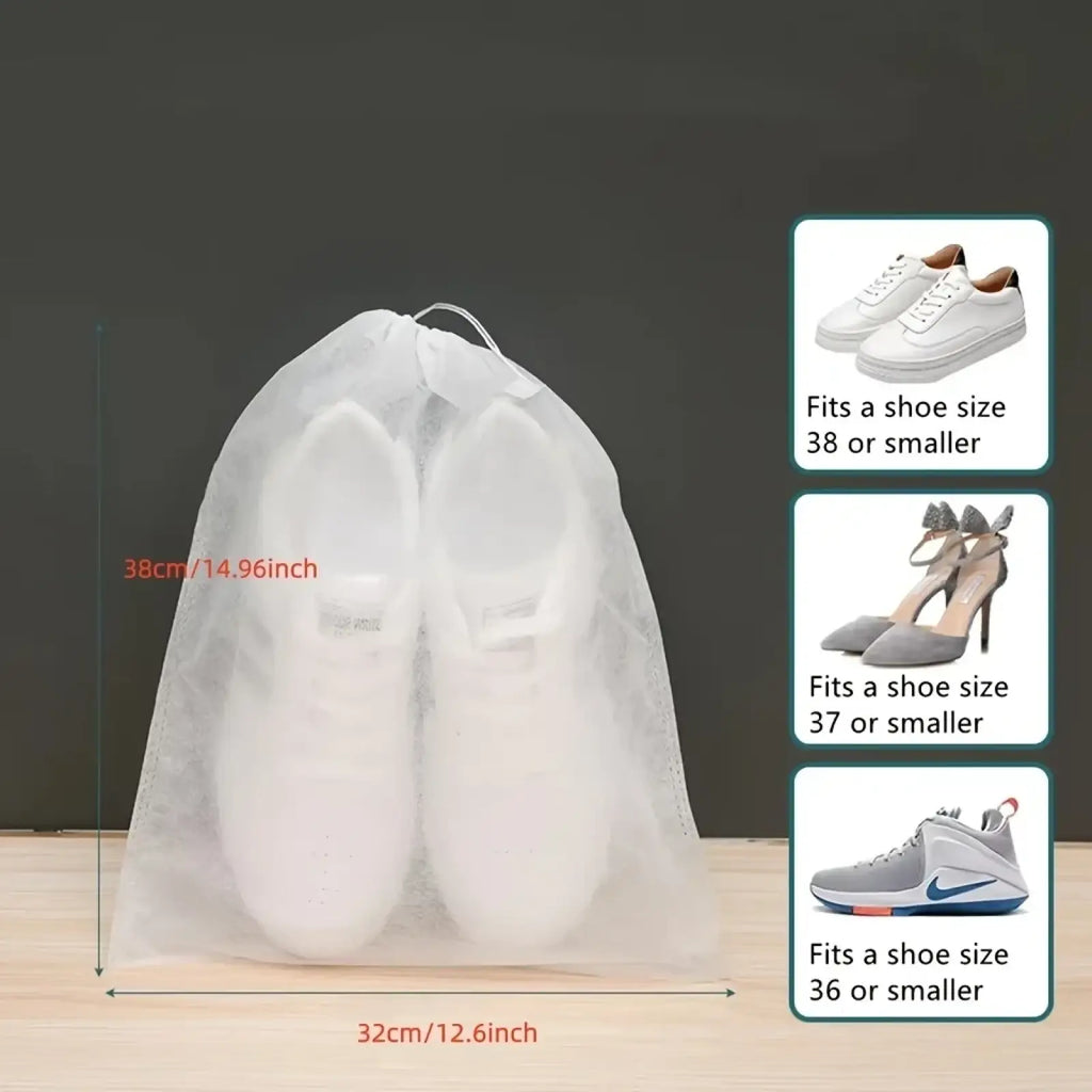 Transparent white breathable non-woven mesh shoe storage bag with drawstring closure for organized storage