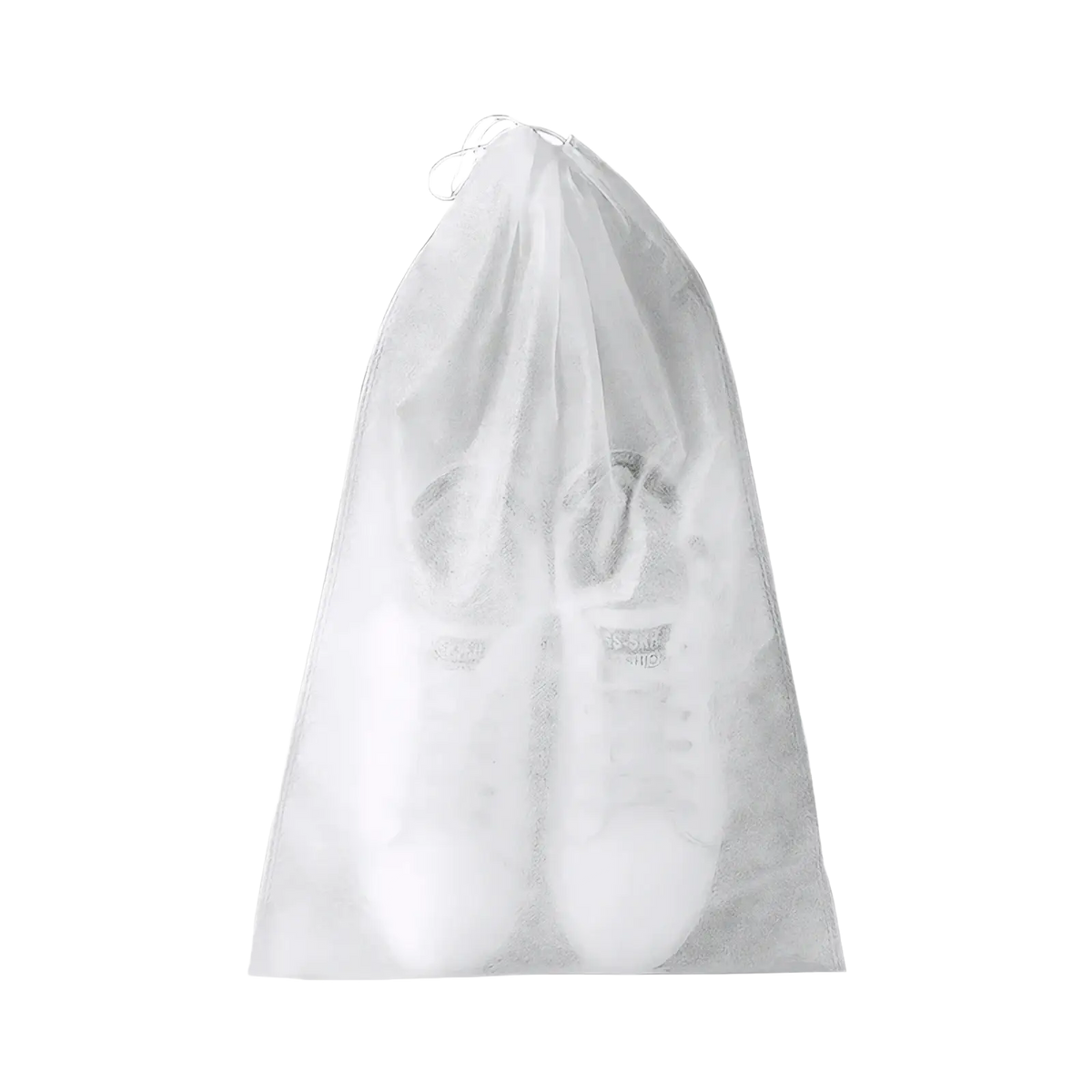 Transparent white mesh breathable non-woven shoe storage bag with drawstring closure for organized shoe storage