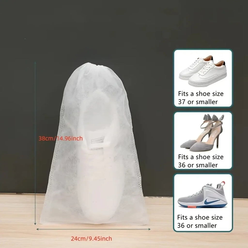 Transparent white breathable non-woven shoe storage bag with drawstring closure for organized shoe storage