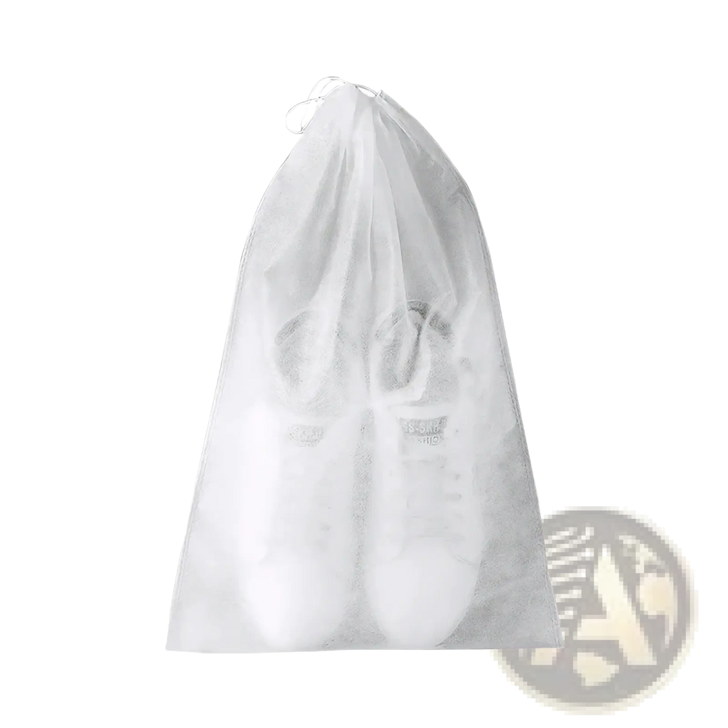 Transparent white mesh breathable non-woven shoe storage bag with drawstring closure for organized shoe storage