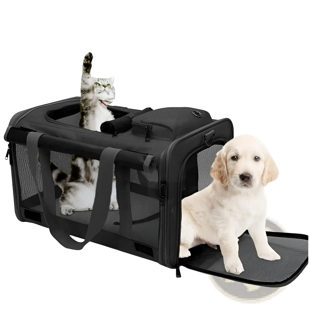 Black breathable oxford pet carrier shoulder bag with mesh panels, sturdy handles, and zippered top compartment