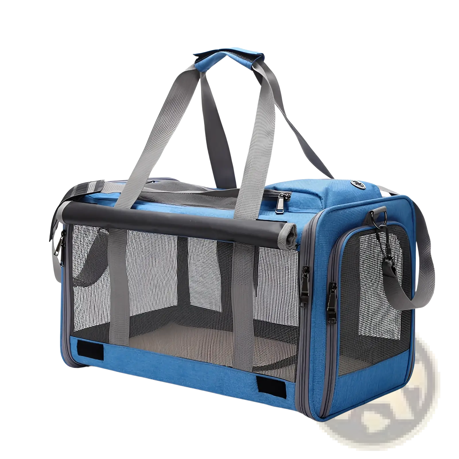 Blue breathable oxford pet carrier shoulder bag with gray mesh sides and durable fabric exterior with handles
