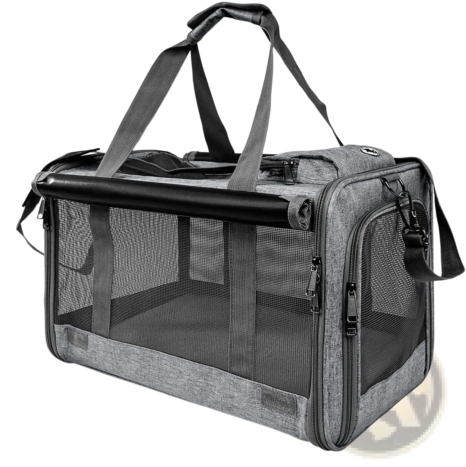 Breathable oxford pet carrier shoulder bag in gray mesh with black handles and zippers featuring a sturdy frame