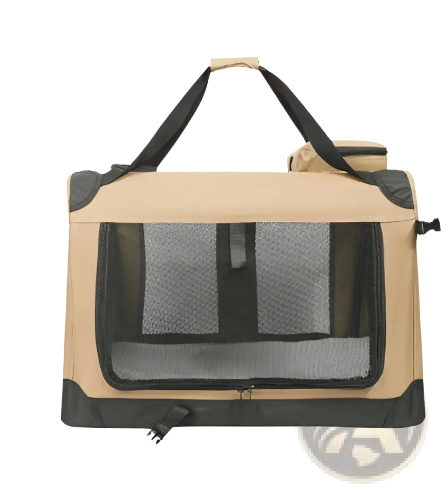 Beige and black foldable breathable oxford pet carrier shoulder bag with mesh sides and reinforced corners