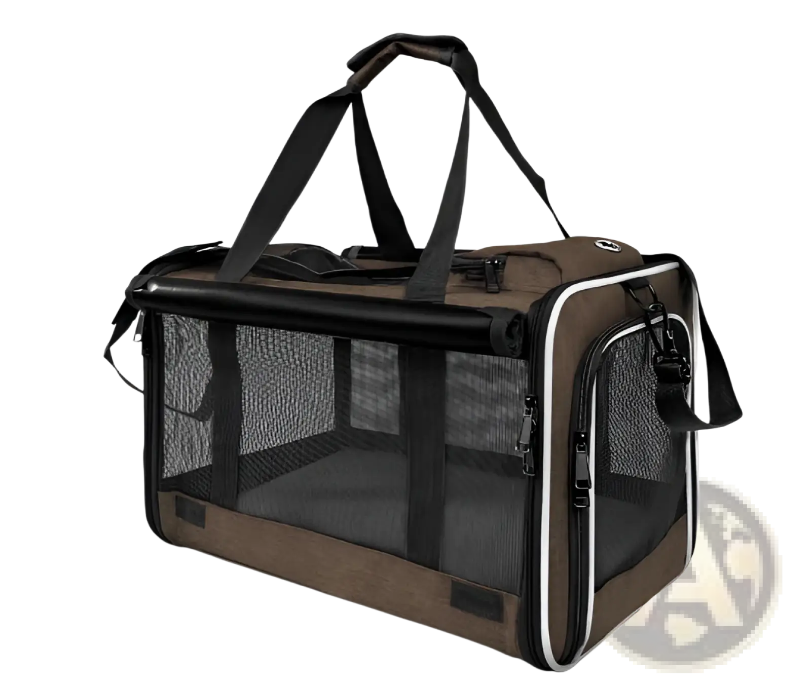 Brown breathable oxford pet carrier shoulder bag with black mesh sides white trim sturdy handles and zippers