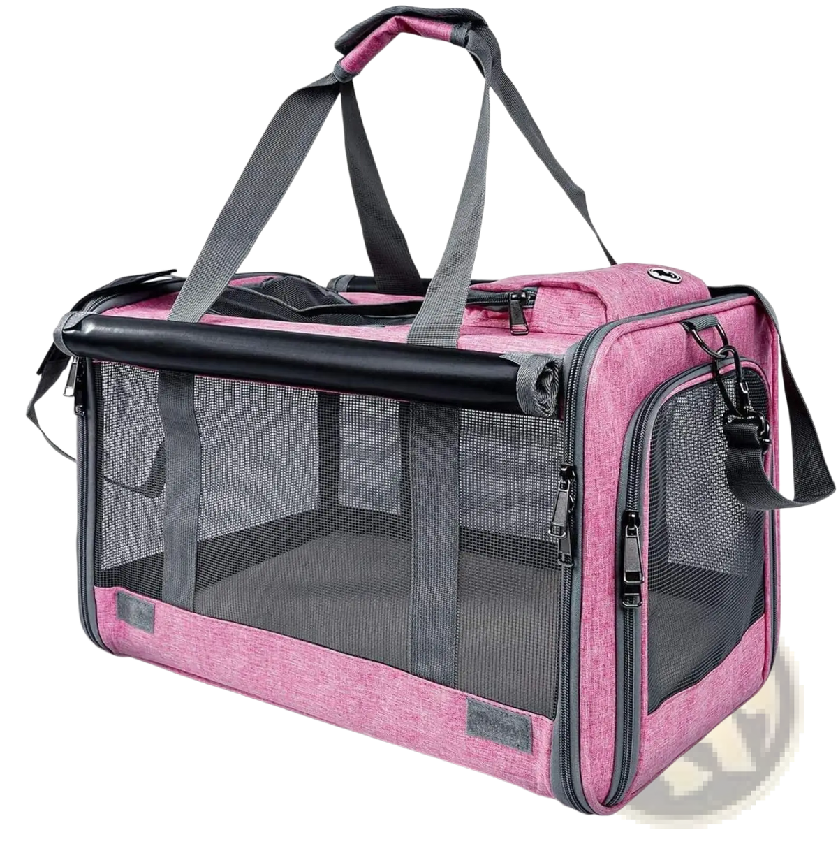 Pink and gray breathable oxford pet carrier shoulder bag with mesh sides, black frame, and adjustable handles