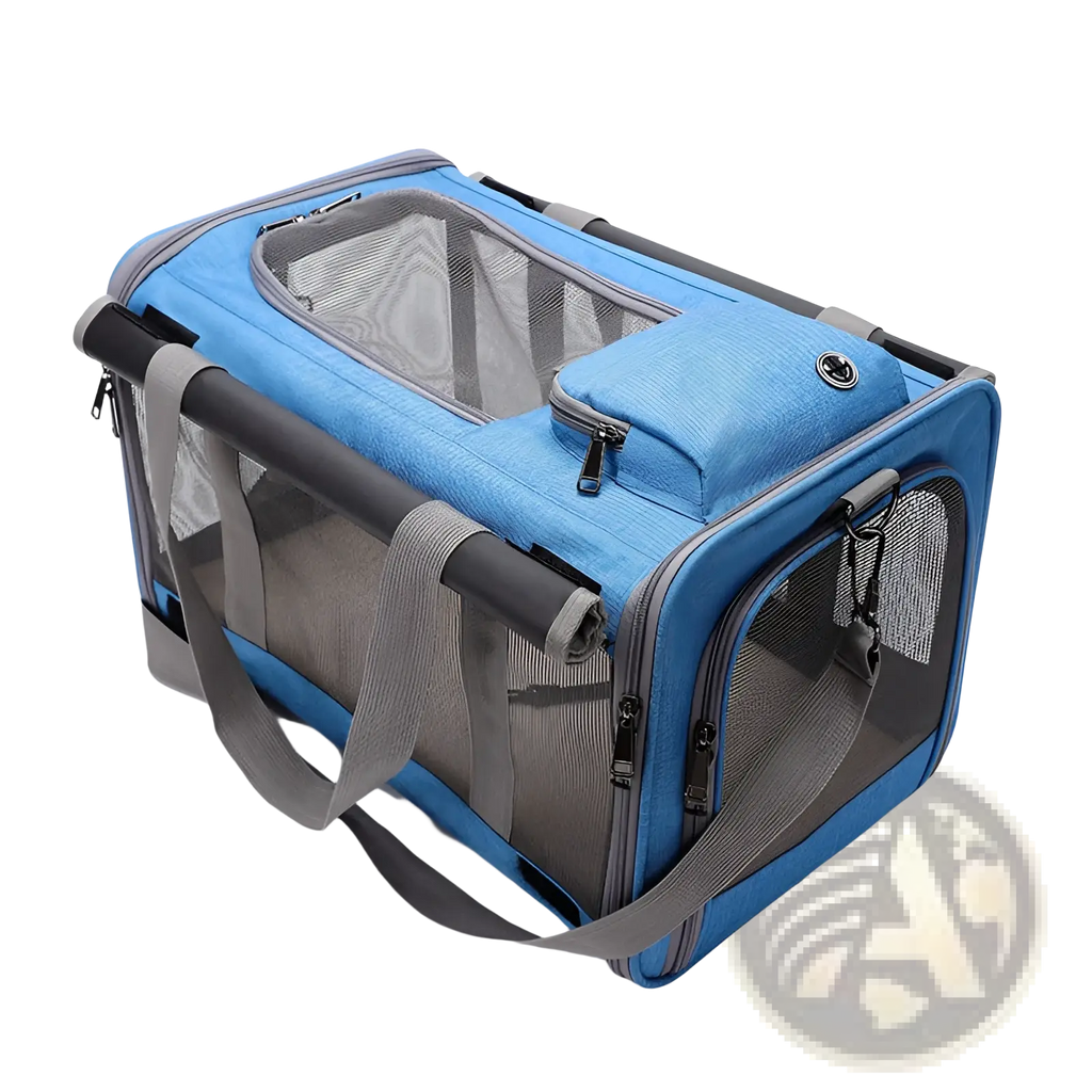 Breathable oxford pet carrier shoulder bag in blue and gray with mesh sides, retractable handle, and adjustable straps