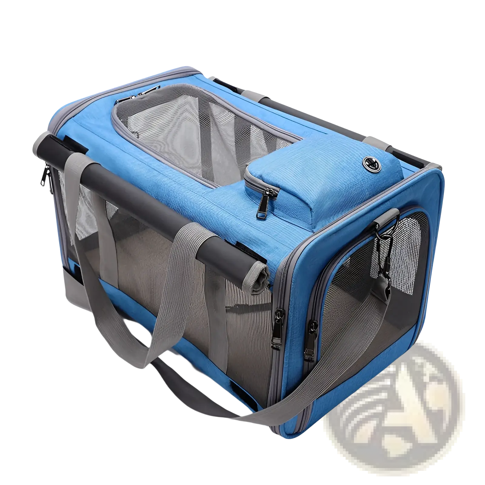Breathable oxford pet carrier shoulder bag in blue and gray with mesh sides, retractable handle, and adjustable straps
