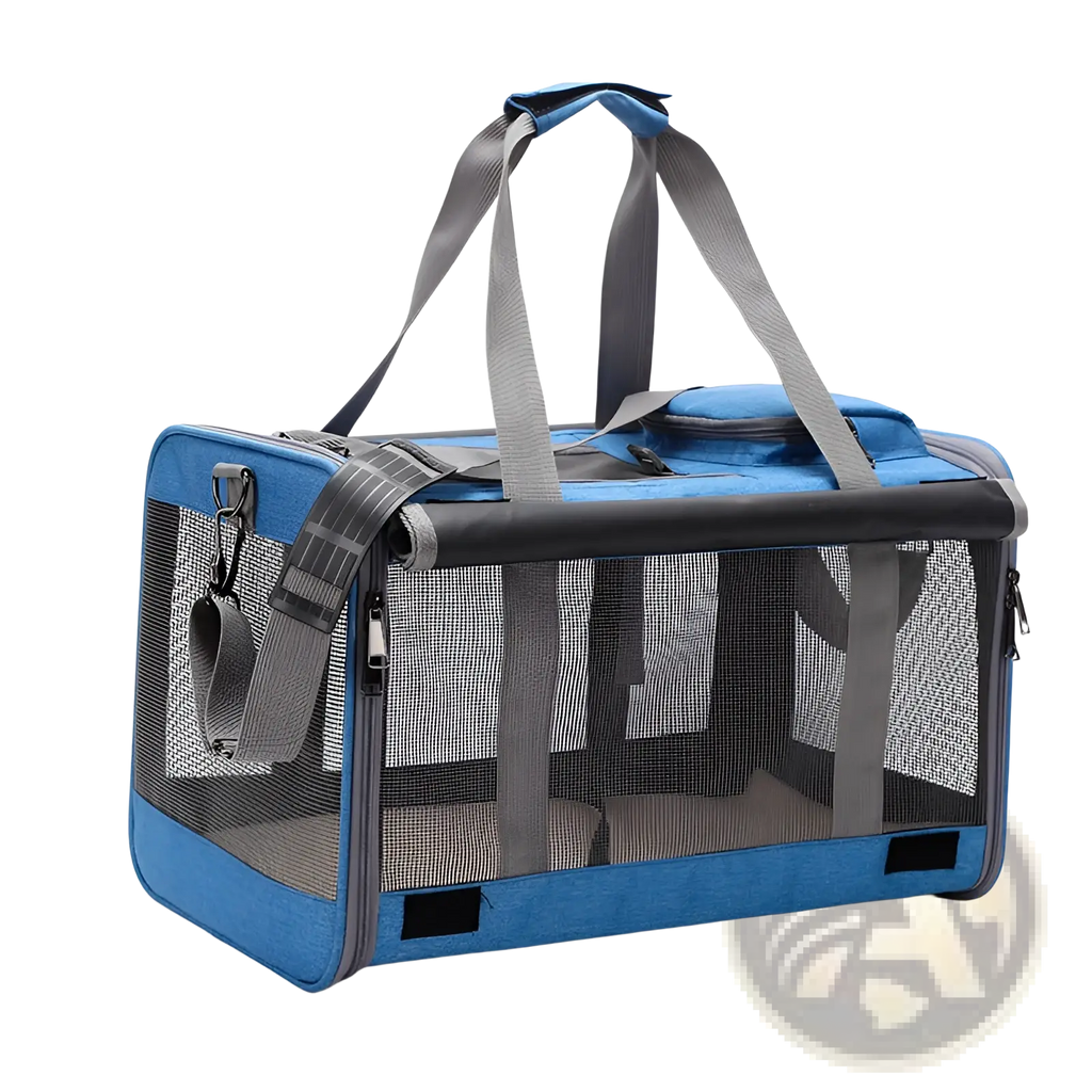 Blue and gray breathable oxford pet carrier shoulder bag with mesh sides, sturdy fabric handles, and zippered top