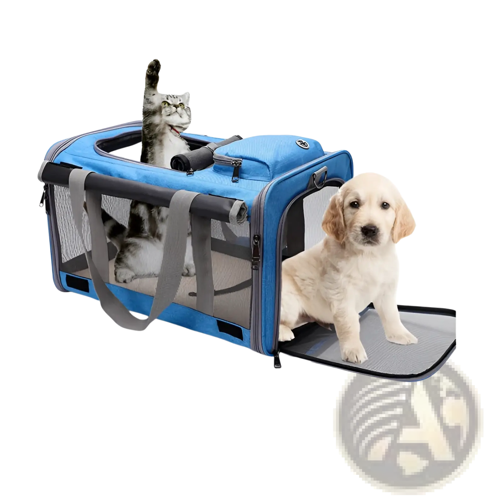 Blue breathable oxford pet carrier shoulder bag with mesh sides and gray straps holding a cat inside and a puppy outside