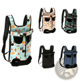 Breathable light blue pet carrier backpack with playful cat and dog pattern black straps for small dogs and cats