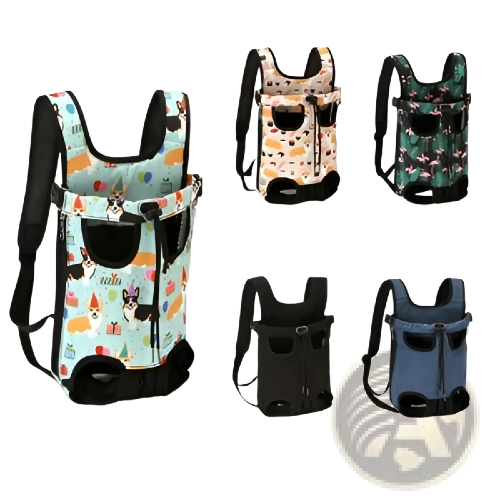 Breathable light blue pet carrier backpack with playful cat and dog pattern black straps for small dogs and cats