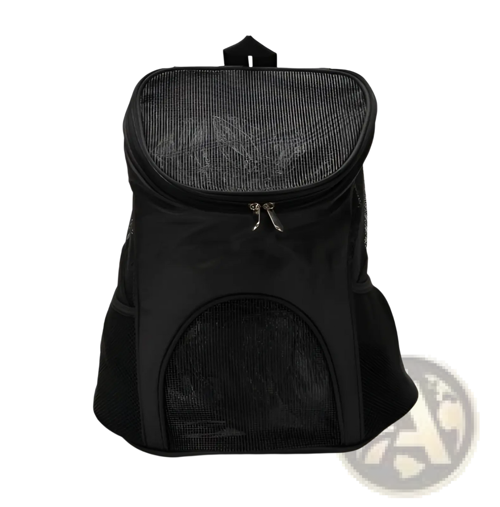 Black breathable pet travel backpack carrier with mesh panels and zipper closure for comfortable pet transport