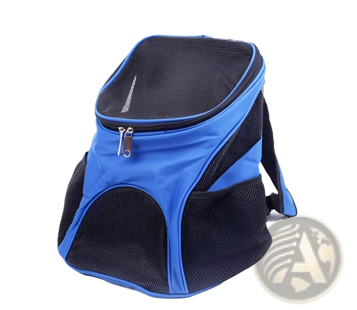 Breathable pet travel backpack carrier in blue and black mesh with a zippered top opening for easy access