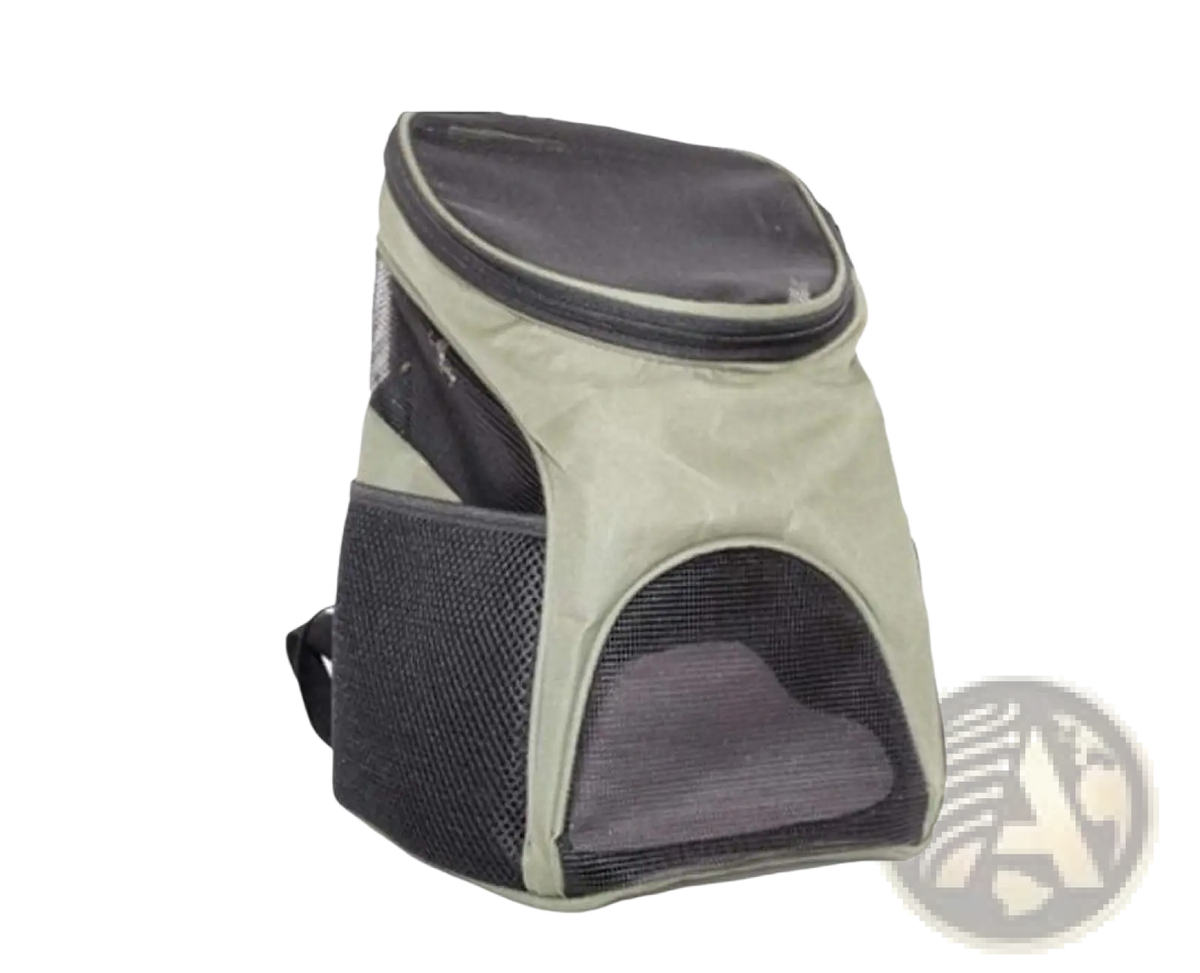 Breathable pet travel backpack carrier in olive green and black mesh with zippered top and side pockets